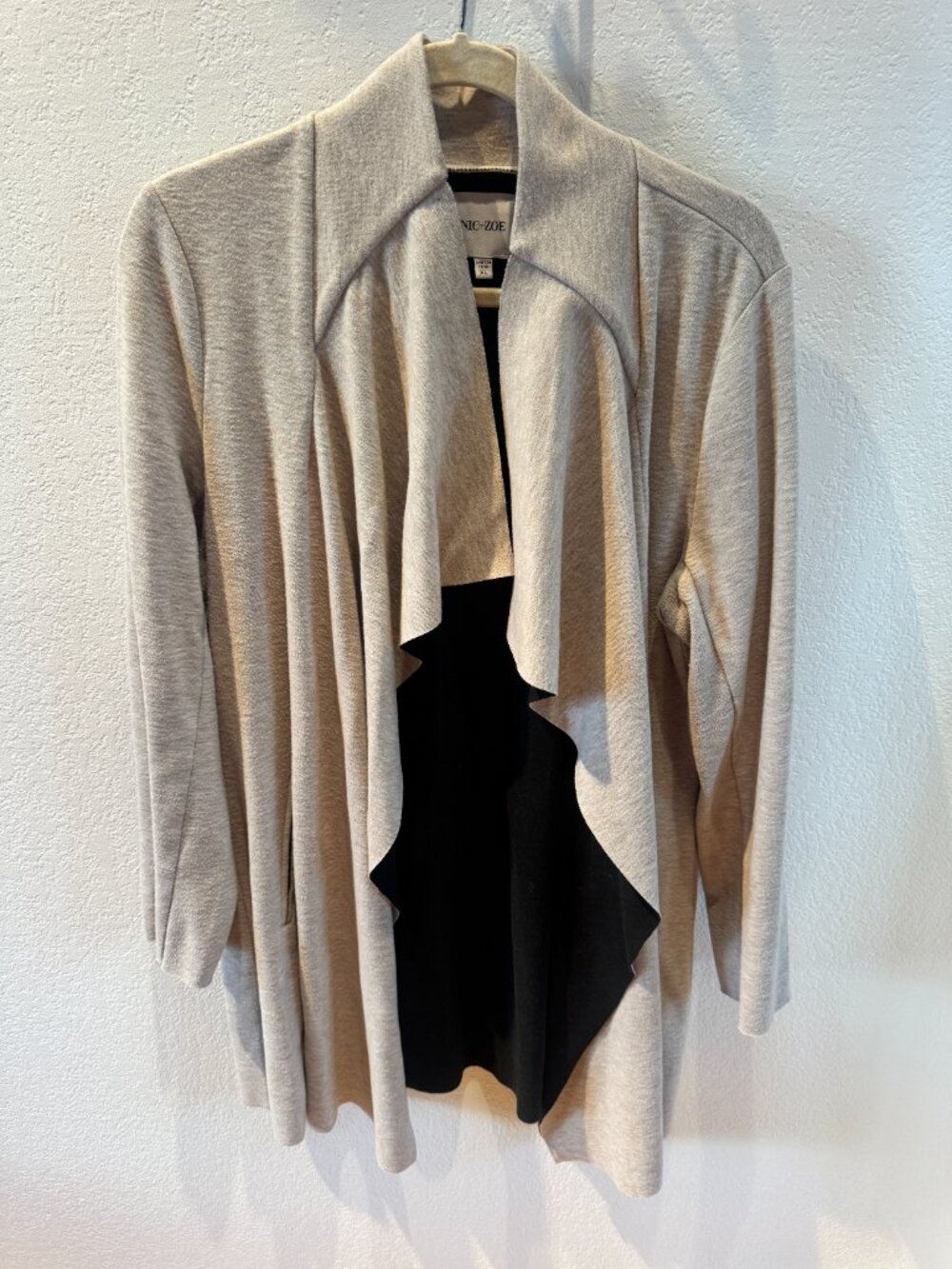 NIC+ZOE Color-Block Draped Open Front Cardigan — Oatmeal & Black — XL